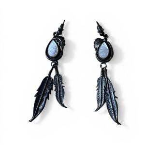 Black Feather Drop Earrings with Iridescent Stone